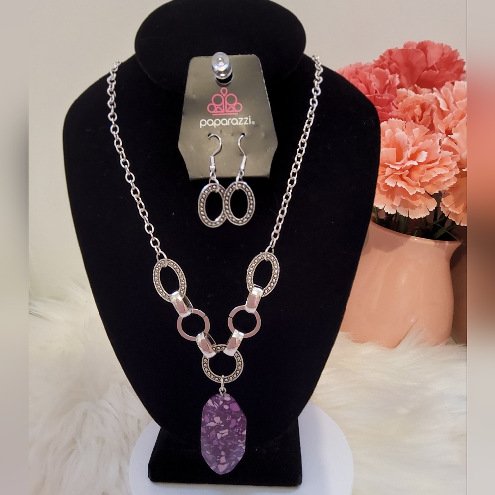 paparazzi Purple Stone & Silver Statement Necklace Set